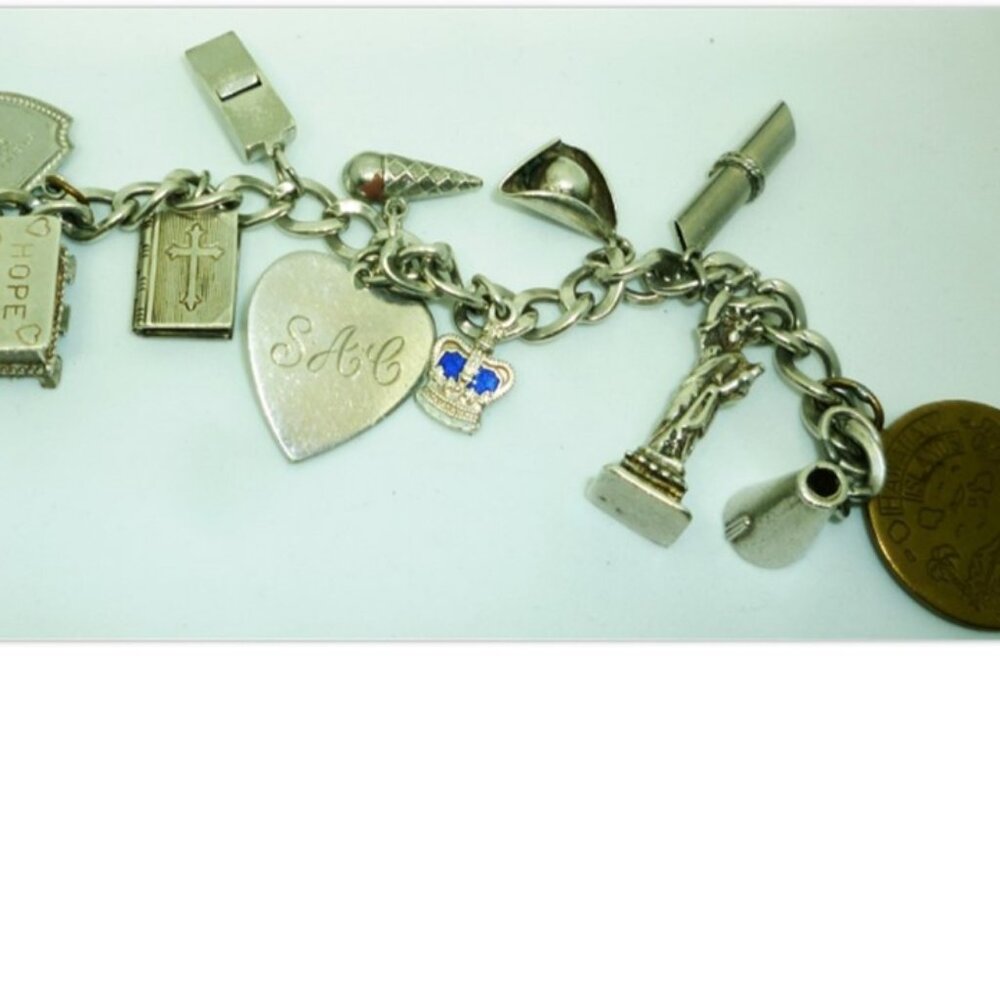 UNIQUE STERLING TRAVEL CHARMS BRACELET BIBLE CROWN HOPE CHEST WORLD FAIR EIFEL